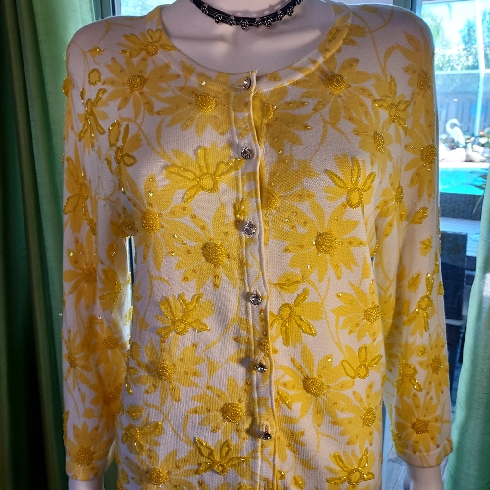 Beaded & Embroidered Yellow Flowered Cardigan Sweater By Just B. Sz. L. - Picture 4 of 13